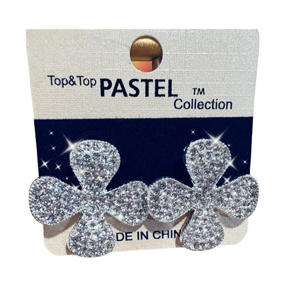 EARRINGS: Silver & Rhinestone 4 Leaf Clover, NIP - Picture 1 of 6